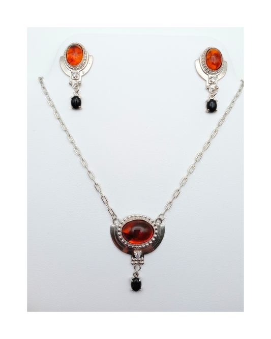 Sterling 925 Honey Amber, Black Onyx, and Sparkling Cubic Zirconia Necklace and Earring Set. ONE ONLY.