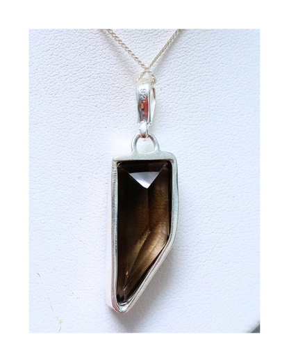 Sterling Uniquely-shaped Faceted Smoky Quartz Removable Pendant 1 3/4"H X 9/16"W and 16" Curb Chain. ONE ONLY