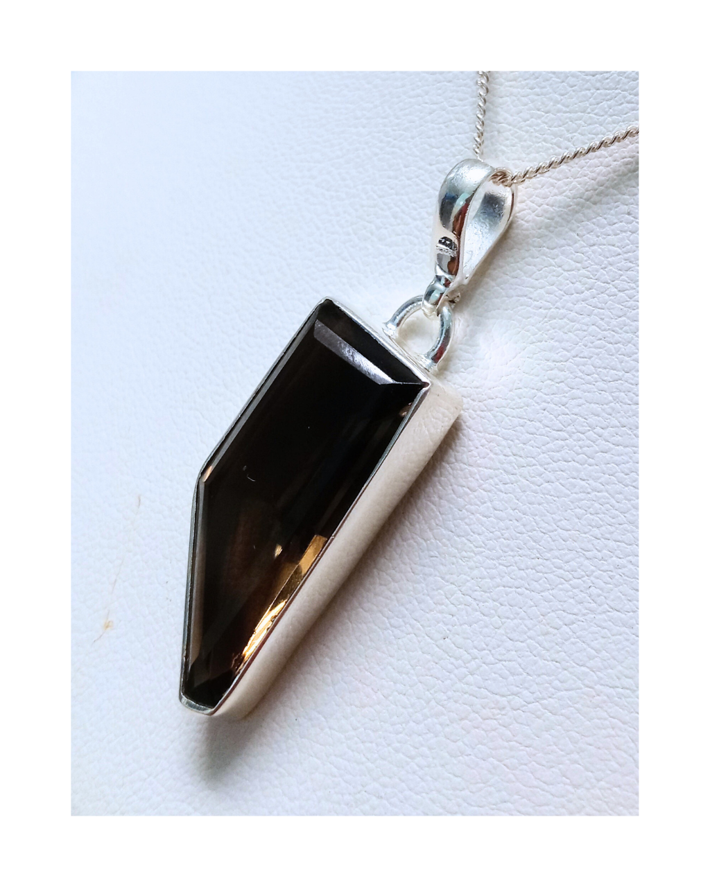 Sterling Uniquely-shaped Faceted Smoky Quartz Removable Pendant 1 3/4"H X 9/16"W and 16" Curb Chain. ONE ONLY