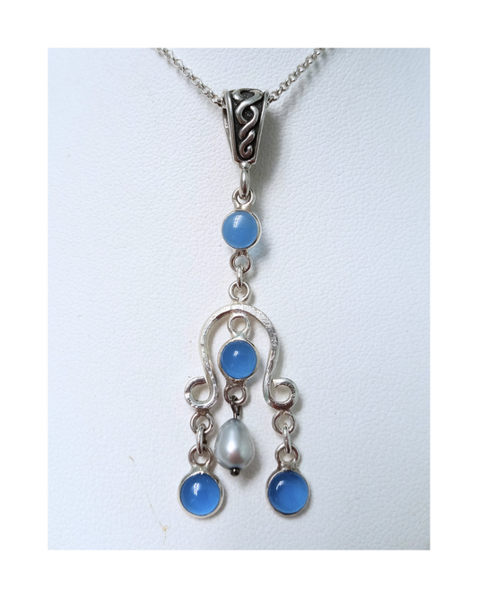 Beautiful Blue Round Blue Chalcedony Sterling and Grey Pearl Removable Pendant 2 1/4"H X 5/8"W and 17" Rollo Chain. ONE ONLY