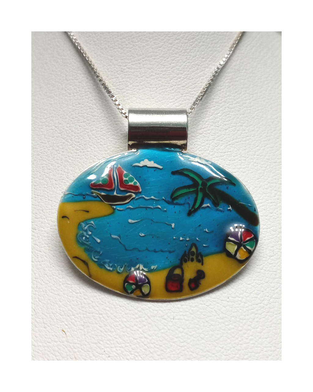 Exclusive Wearable Art Hand-enameled Beautiful Summer Beach Scene Removable Slide Pendant 1 3/8"L X 1 3/8"W Sterling Necklace on 18" Box Chain. ONLY ONE CREATED!