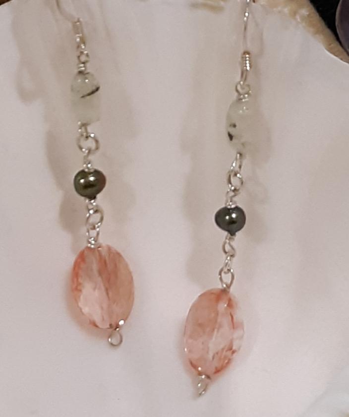 Prehnite, Metallic Green Pearl, and Oval Faceted Cherry Quartz Sterling Silver Dangle Earrings Approx. 2 3/4"