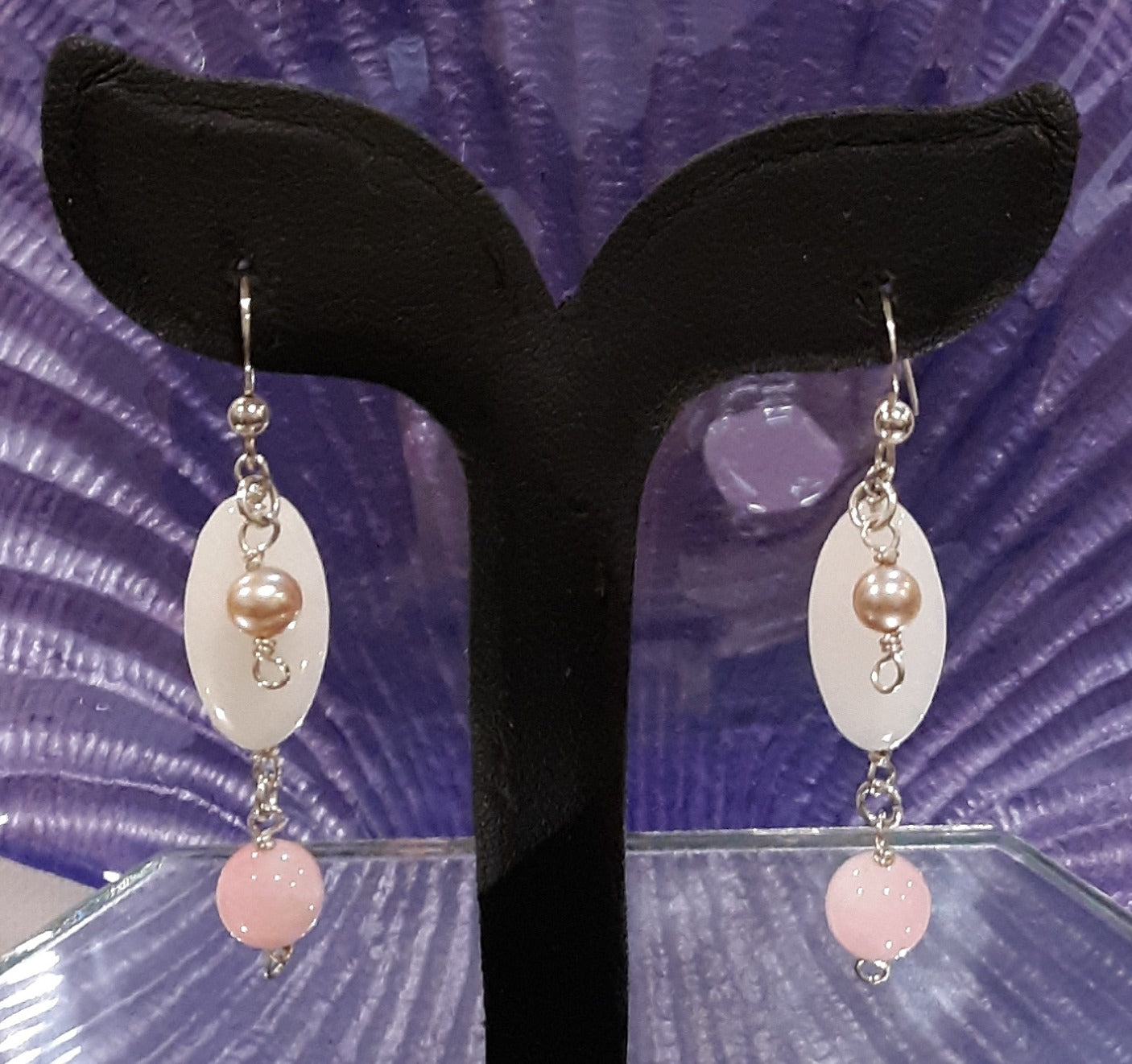 White Agate, Pink Pearl, and Round Polished Kunzite Bead Sterling Silver Dangle Earrings Approx. 2 1/16"