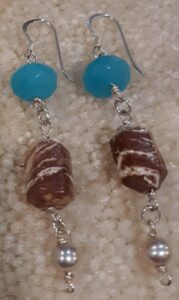 Faceted Turquoise-color Chalcedony, Barrel-shape Chocolate Jasper, and Pearl Sterling Silver Dangle Earrings Approx. 2 7/16"