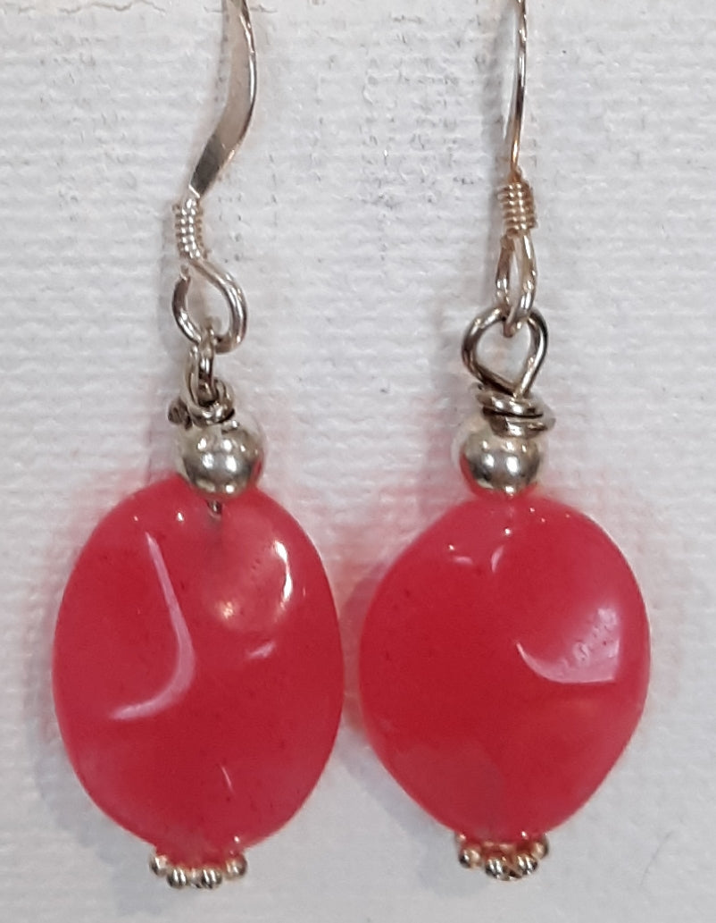 Uniquely Carved Polished Dyed Fuschia Jade Sterling Silver Dangling Earrings Approx. 1 5/8"