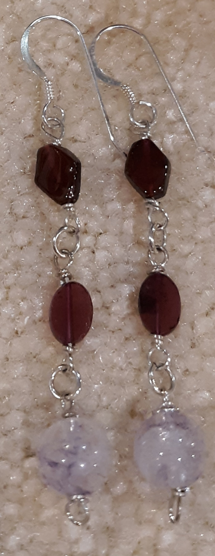 Garnet and Crackled Quartz Sterling Silver Dangle Earrings approx. 2 1/2"