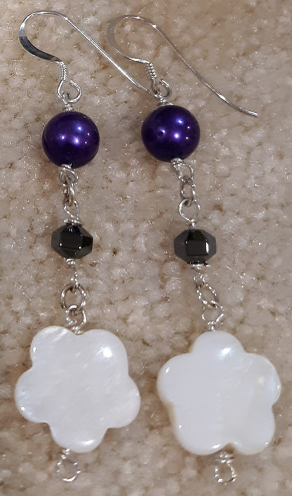 Dyed Purple Pearl, Faceted Hematite, and Mother-of-Pearl Flower-Shaped Sterling Silver Dangle Earrings approx. 2 5/8"