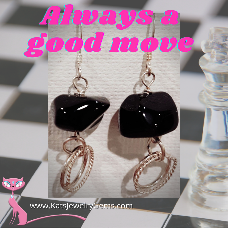 Black Agate Polished Bead with Double Silver Loop Sterling Silver Dangle Earrings