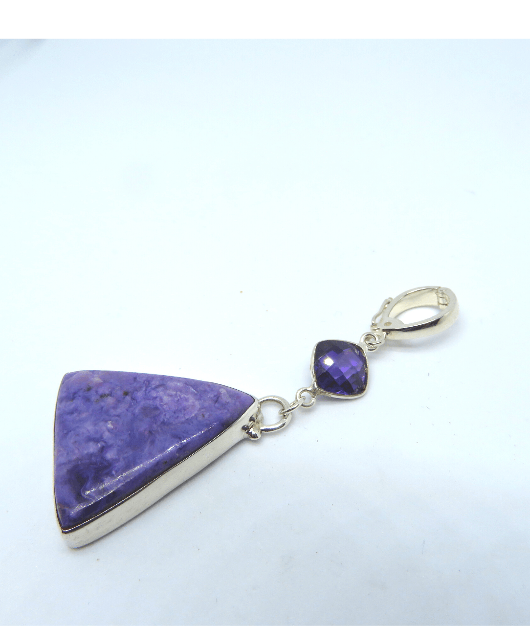 Rare Charoite Large Triangle-shaped, and Checkerboard Faceted Amethyst Sterling Silver Enhancer Pendant Approx. 2 1/4"L X 7/8"W. ONE ONLY.