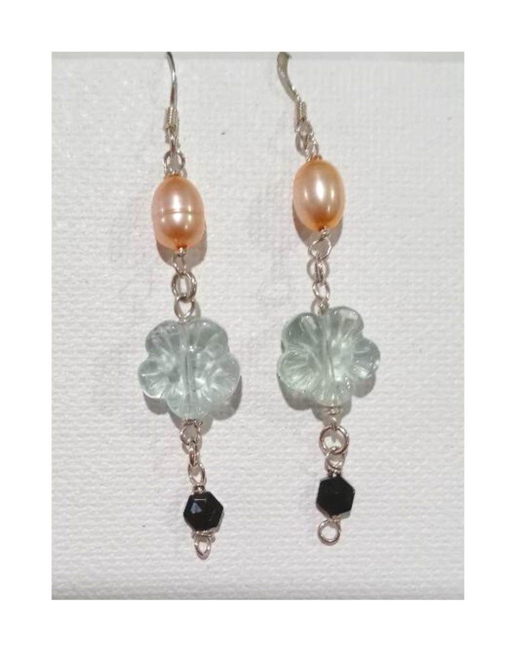Peach Pearl, Carved Flower-shaped Fluorite, and Hexagonal, Faceted Black Spinel Sterling Silver Dangle Earrings 2 1/2"