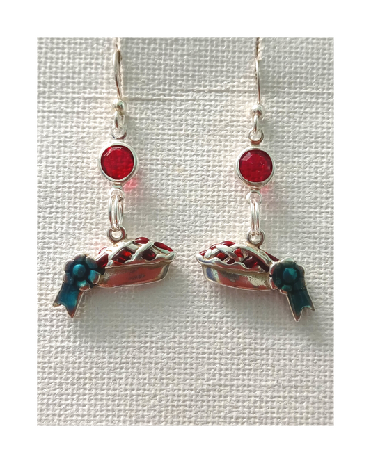 Exclusive Fun 2-sided Hand-enameled Sterling Blue Ribbon Cherry Pie with Red Swarovski Crystal Earrings 1 11/16"L X 13/16"W ONE ONLY