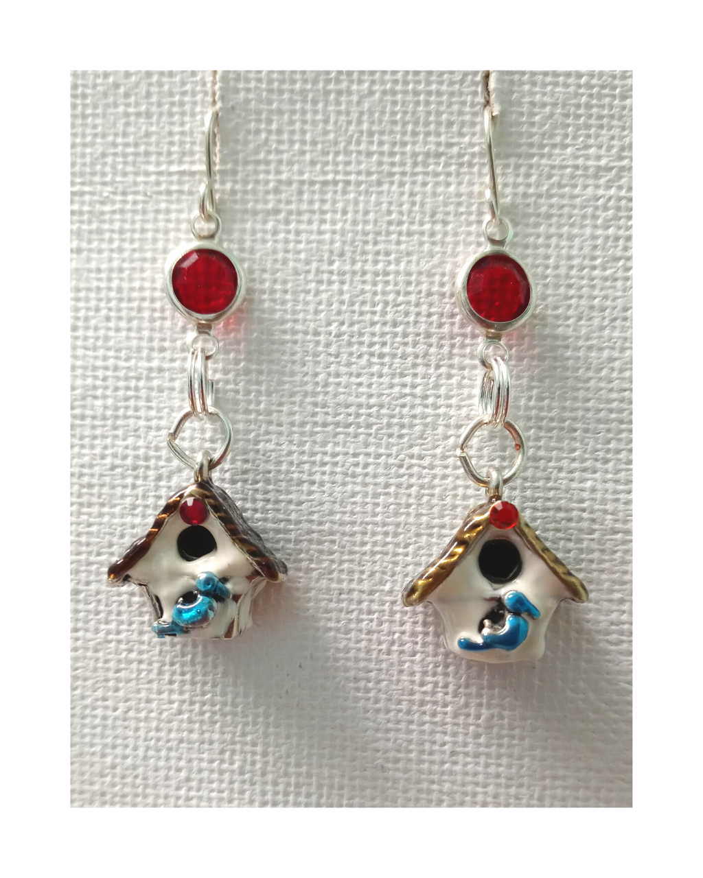 Exclusive Sterling 3-D 2-sided Hand-enameled Bluebird House with Red Swarovski Crystals Earrings 1 13/16"L X 5/8"W ONE ONLY