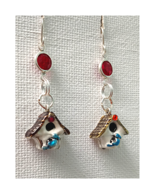 Exclusive Sterling 3-D 2-sided Hand-enameled Bluebird House with Red Swarovski Crystals Earrings 1 13/16"L X 5/8"W ONE ONLY
