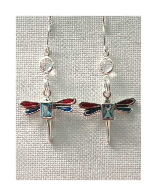 Exclusive Colorful Sterling Hand-enameled Dragonfly with Faceted Blue Topaz and Clear Swarovski Crystal Earrings