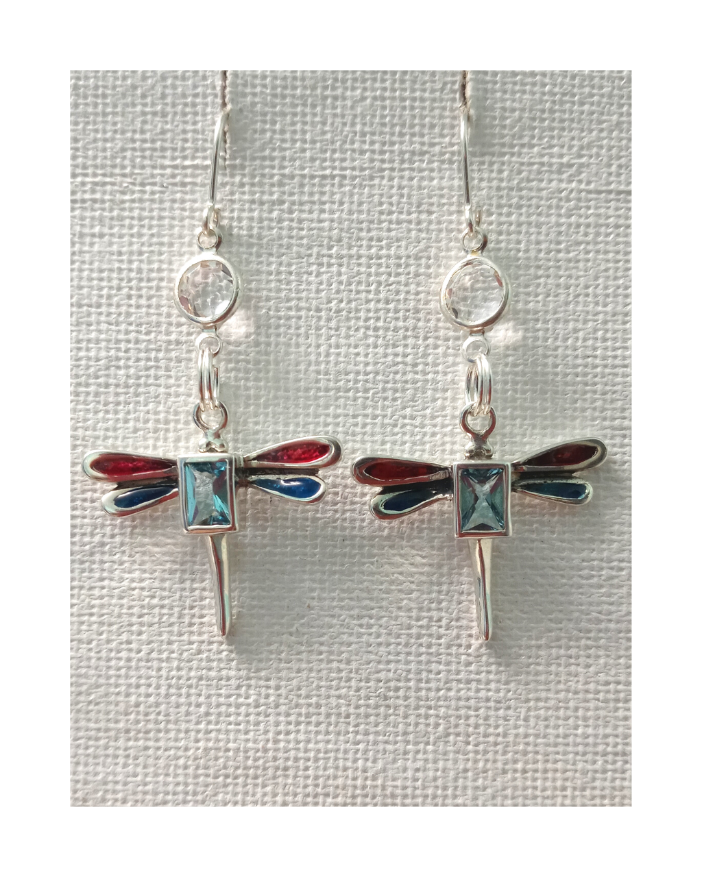 Exclusive Colorful Sterling Hand-enameled Dragonfly with Faceted Blue Topaz and Clear Swarovski Crystal Earrings