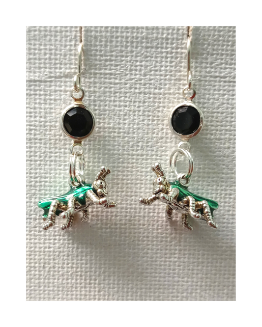 Exclusive Hand-enameled 3-D Green Good Luck Cricket with Swarovski Crystal Sterling Earrings 1 7/16"L X 5/8"W