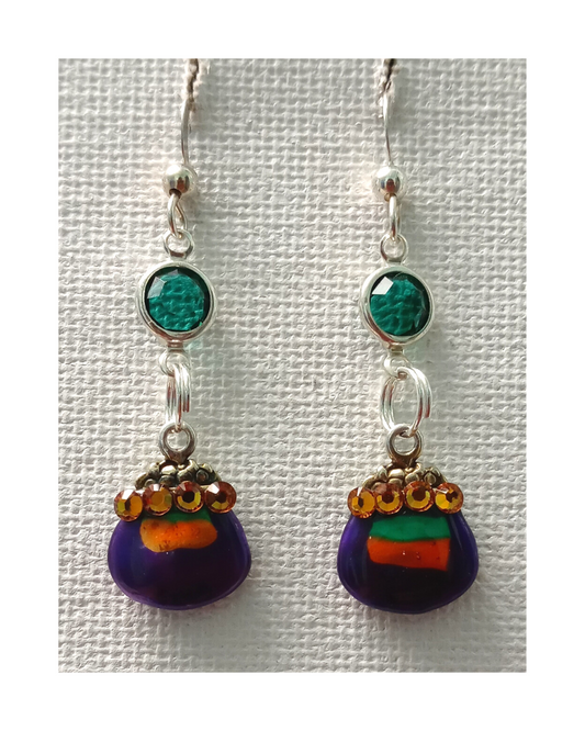 Exclusive 3-D 2-sided Hand-enameled Purple, Green, and Gold Leprechaun's Pot of Gold with Swarovski Crystal Sterling Earrings 1 7/8"L X  1/2"W ONE ONLY