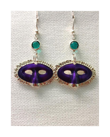 Mardi Gras Purple Hand-enameled Mask with Swarovski Green Crystals Sterling Earrings 1 15/16"L X 1 1/8"W ONE ONLY