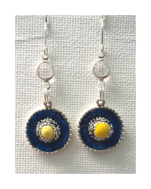 Exclusive 3-D Hand-enameled Sterling Blue and Yellow Hat with Clear Swarovski Crystal Earrings 1 15/16"L X 11/16"W ONE ONLY