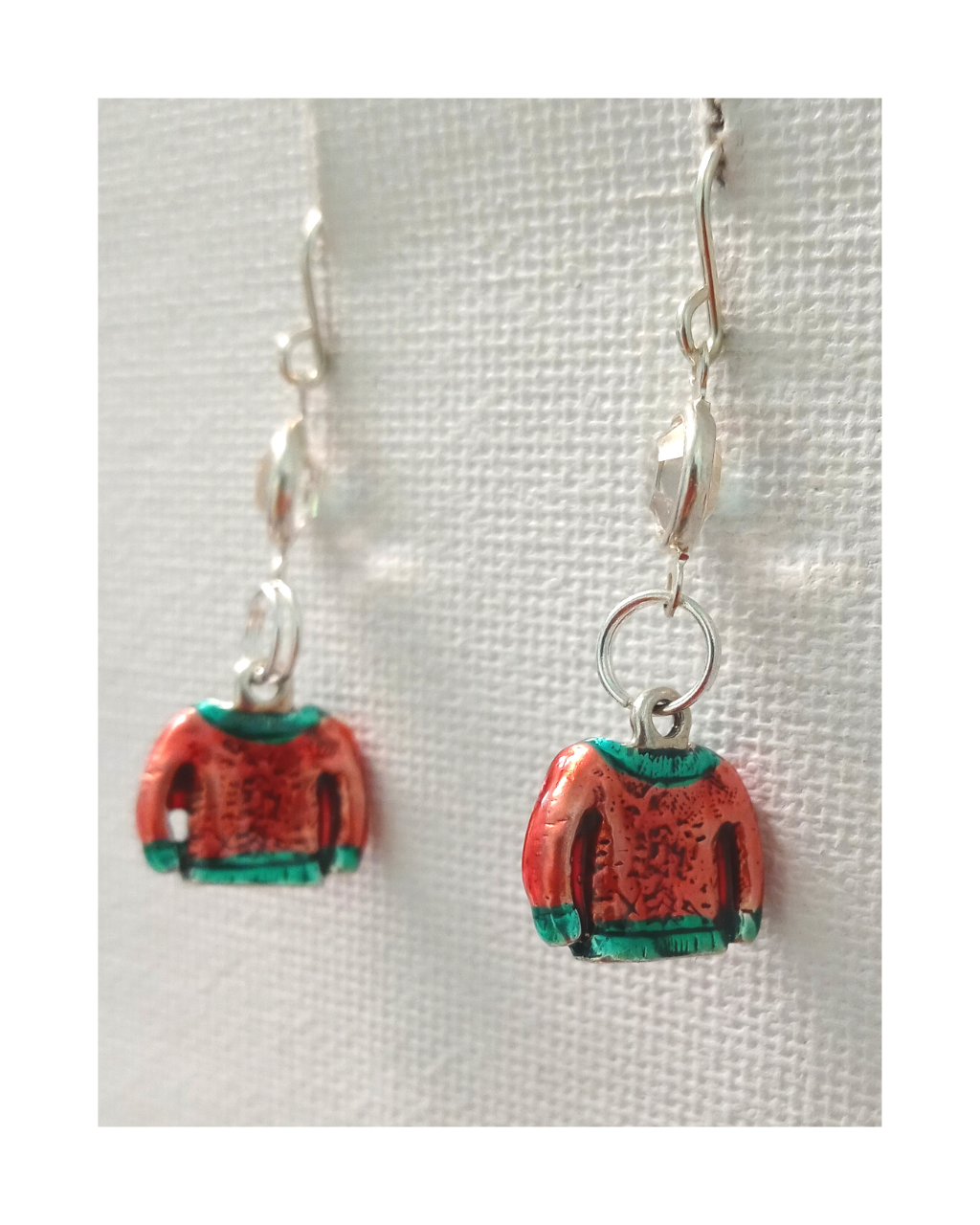Exclusive Sterling 3-D Hand-enameled 2-sided Sweater with Seed Beads and Swarovski Crystal Earrings 1 5/8"L X 9/16"W ONE ONLY