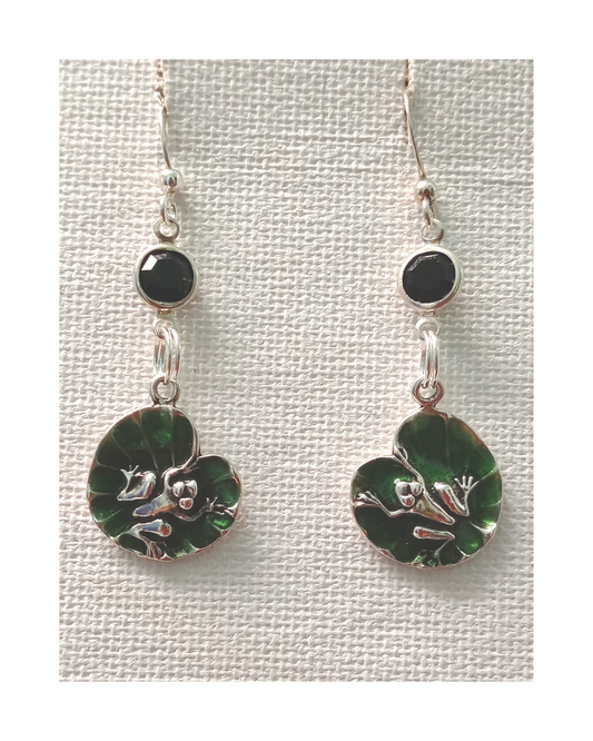 Hand-enameled Frog on Green Lily Pad with Swarovski Crystal Sterling Earrings 2 1/16"L X 11/16"W