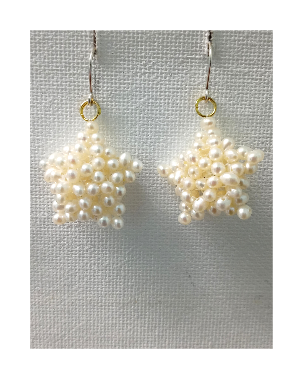 Amazing Luscious Woven White Pearl Star Design with Goldfilled Jump Ring Connected to Sterling Earrings 1 11/16"L X 1"W ONE ONLY