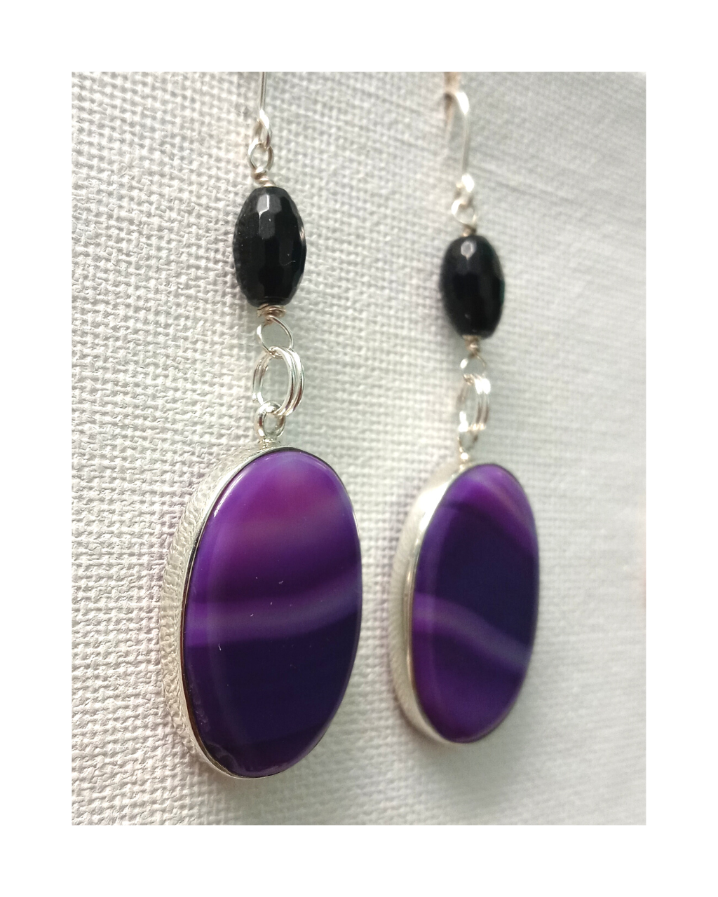 Exclusive Beautiful Sterling Purple Agate and Faceted Black Onyx Earrings 2 9/16"L X 1 7/8"W ONE ONLY