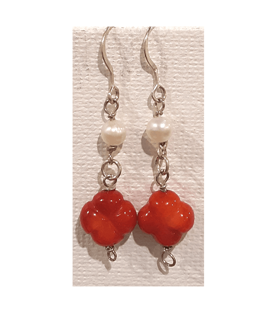 Pearl and Carved Red Coral Flower Sterling Silver Dangle Earrings