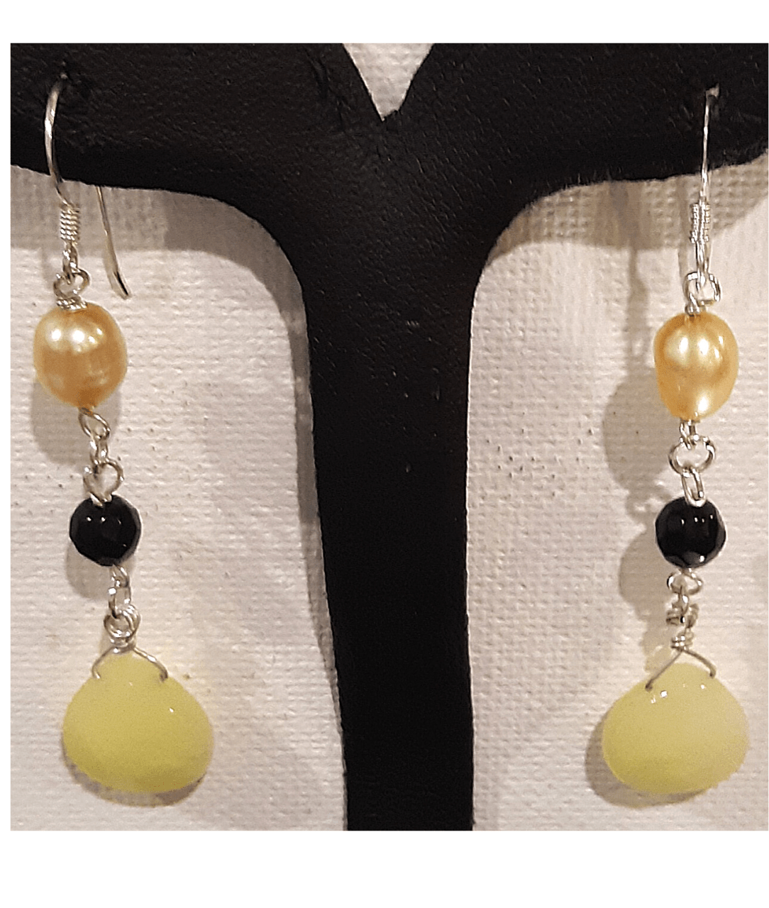 Gold-colored Pearl, Black Onyx, and Yellow Jade Sterling Silver Dangle Earrings