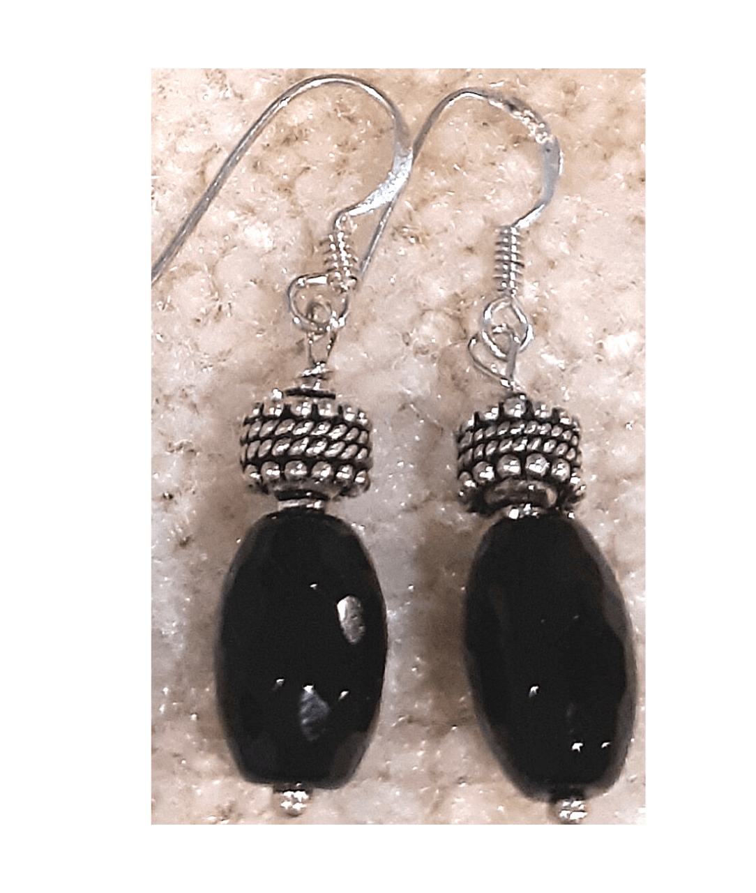 Faceted Black Onyx and Bead Sterling Silver Dangle Earrings Approximately 1 3/4"
