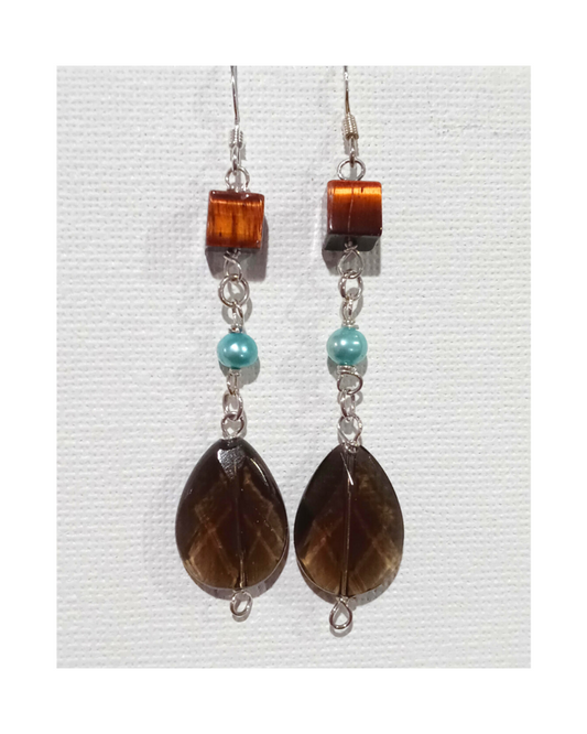 Tiger's Eye, Genuine Green Pearl and Pear-Shaped Smoky Quartz Sterling Silver Dangle Earrings