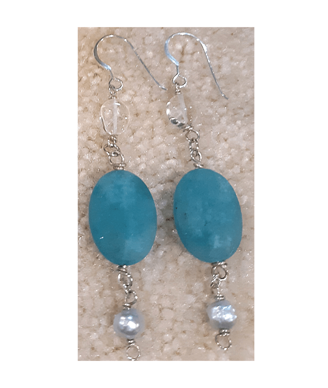 Clear Crystal Quartz, Faceted Dyed Oval Blue Jade and Light Blue Genuine Pearl Sterling Silver Dangle Earrings approx. 2 3/4"