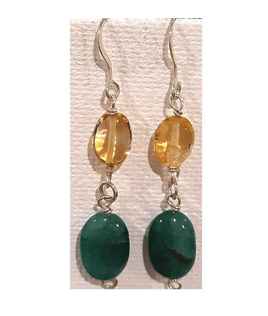 Yellow Citrine and Green Moss Agate Sterling Silver Dangle Earrings approx. 2 1/16"