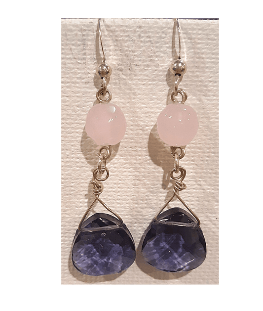 Faceted Pink Chalcedony and Pear-shaped Amethyst Sterling Silver Dangle Earrings approx. 2 1/16"