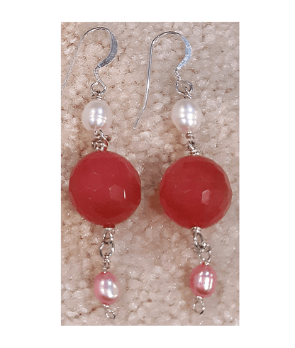 White and Pink Pearls with Large Faceted Dyed Pink Jade Drop Sterling Silver Earrings 2 5/8"