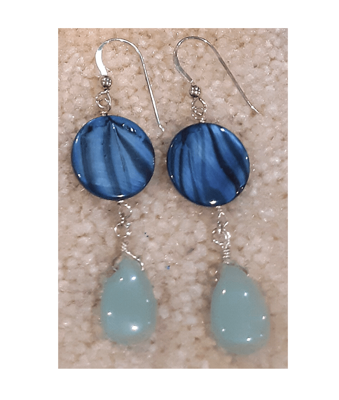 Round Dyed Blue Mother-of-Pearl with Stripes and Amazonite Teardrop Sterling Silver Dangle Earrings 2 1/4"