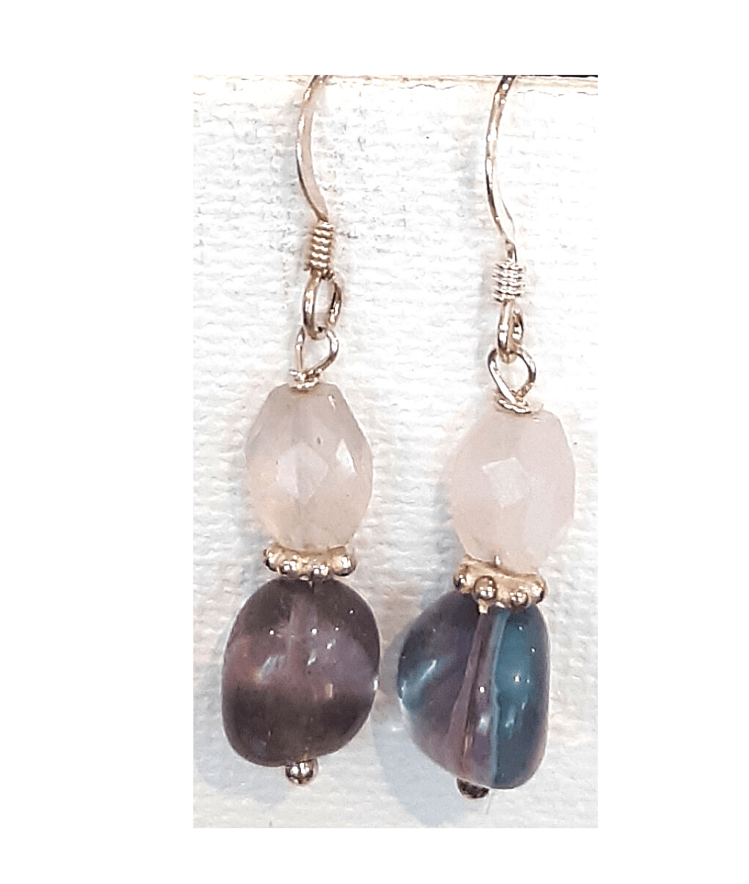 Faceted Light Pink Rose Quartz and Purple Blended Colors Fluorite Sterling Silver Dangle Earrings 1 1/2"