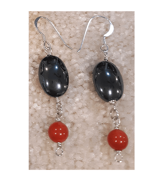 Oval Highly Polished Hematite and Gorgeous Red Coral Sterling Silver Dangle Earrings 2"