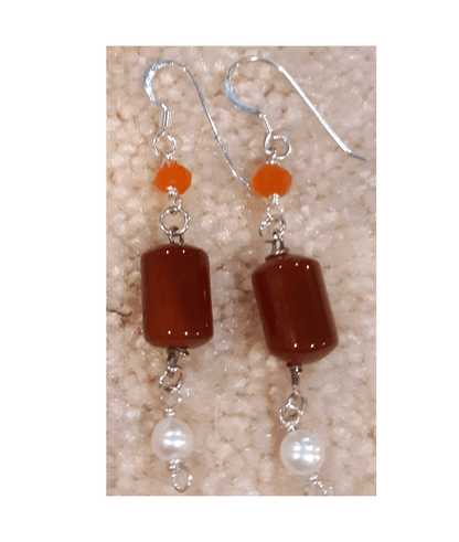 Faceted Carnelian, Red Agate, and White Pearl Sterling Silver Dangle Earrings approx. 2 5/16"