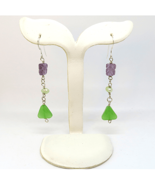 Sterling Carved Amethyst, Light Green Faceted Pearl, and Apple Green Faceted Trillion Chalcedony Dangle Earrings Approx. 2 1/2"