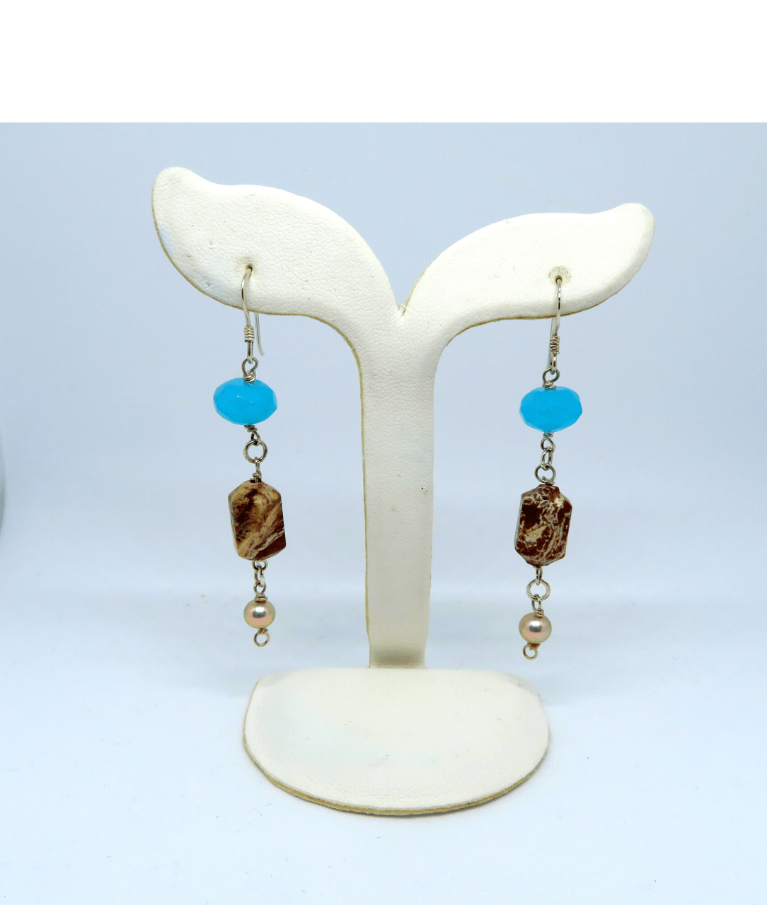 Faceted Turquoise-color Chalcedony, Barrel-shape Chocolate Jasper, and Pearl Sterling Silver Dangle Earrings Approx. 2 7/16"