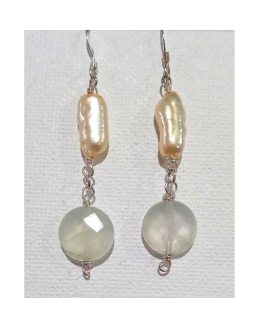 Golden/Peach Biwa Pearl and Light Green Prehnite Sterling Silver Dangle Earrings Approx. 2 1/4"