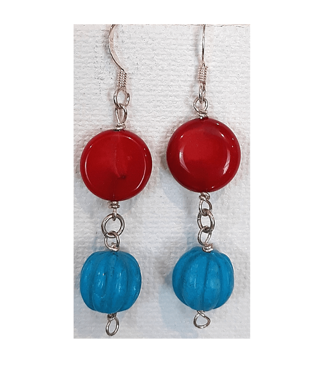 Red Coral Coin and Carved Turquoise Sterling Silver Dangle Earrings Approx. 2 1/8"
