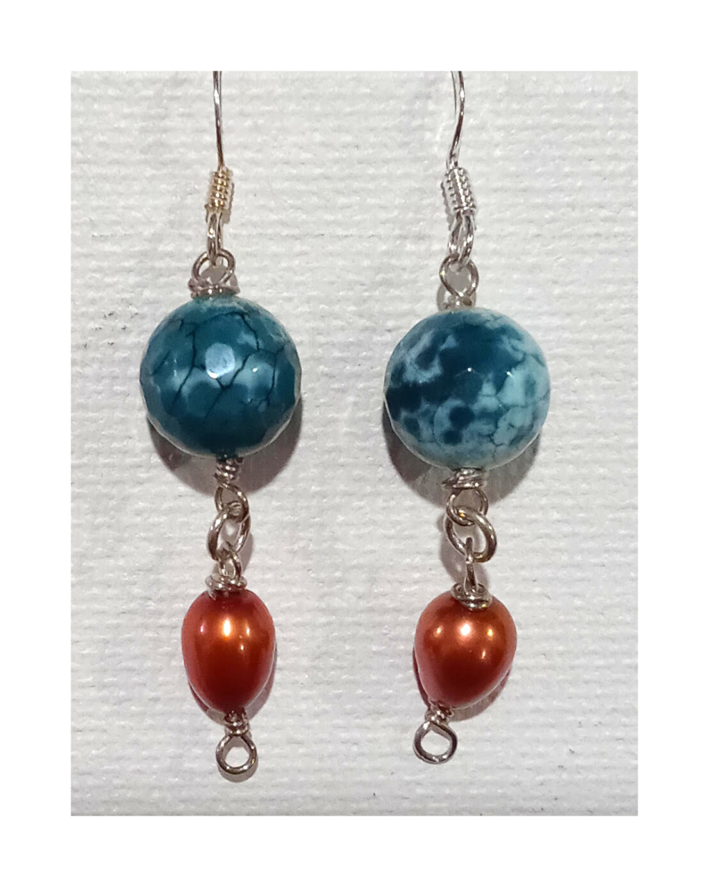 Teal and White Faceted Agate and Copper-color Pearl Sterling Silver Dangle Earrings Approx. 1 11/16"