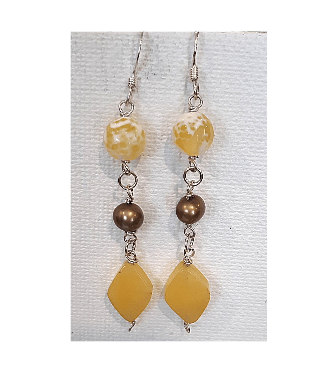 Yellow Faceted Agate, Bronze Pearl, and Dyed Yellow Diamond-shaped Jade Sterling Silver Dangle Earrings Approx. 2"
