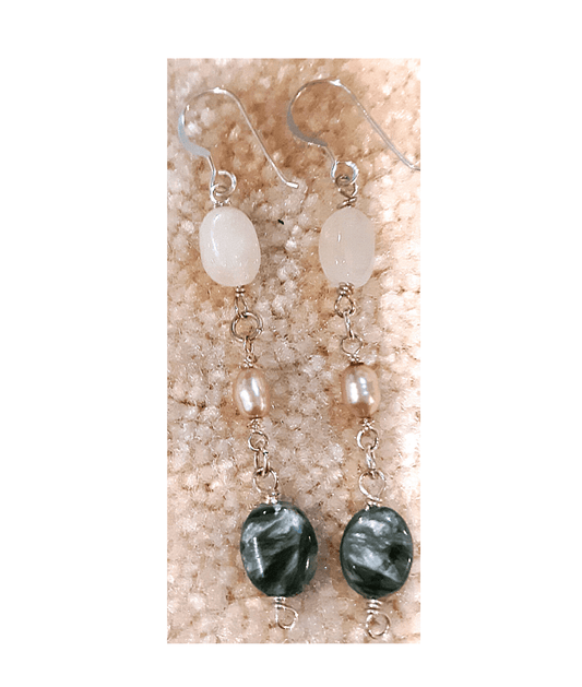 White Quartz, Pink Pearl and Russian Seraphinite Sterling Silver Dangle Earrings Approx. 2 1/2"