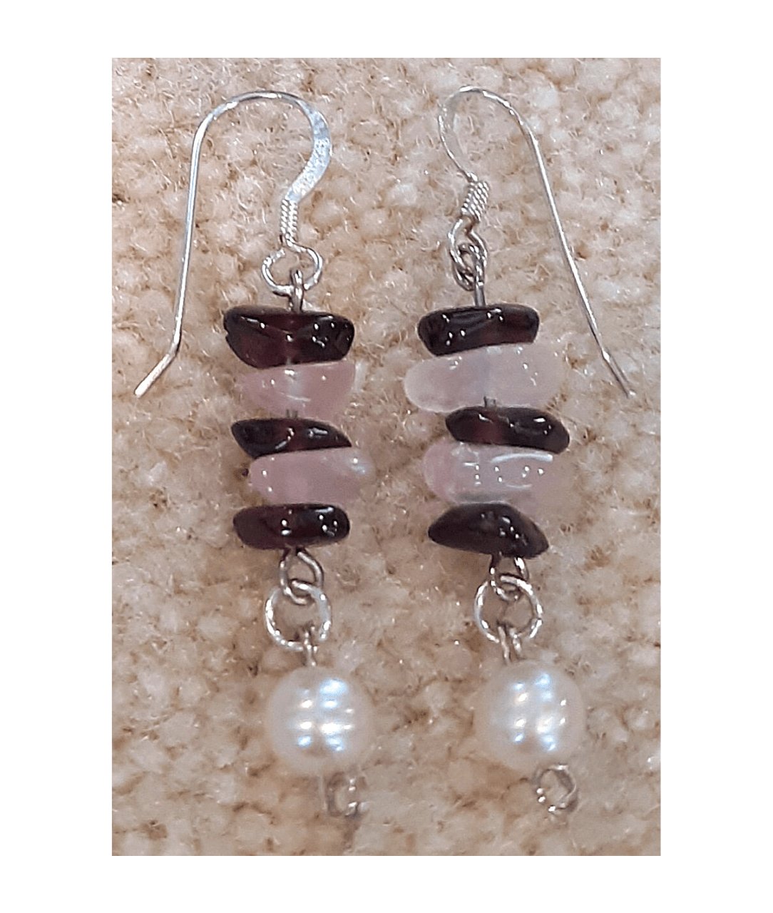Tumbled Garnet and Rose Quartz with Genuine Pearl Sterling Silver Dangle Earrings Approx. 1 3/4"