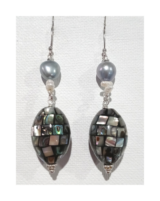 Grey and White Pearls and Large Inlaid Oval Abalone Shell Beads Sterling Earrings 2 7/8” ONE ONLY