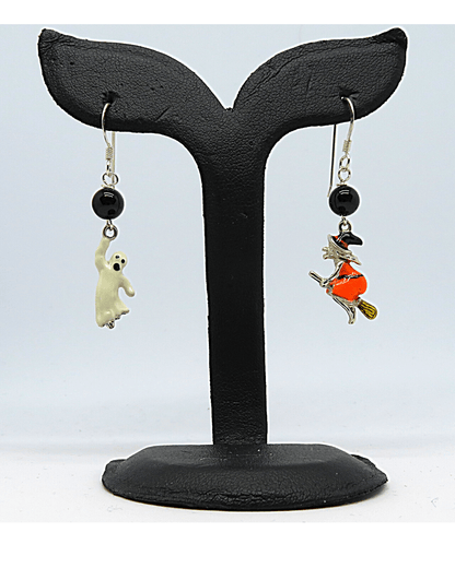 Halloween Witch and Ghost 3-D Hand-enameled with Black Onyx Sterling Silver Earrings