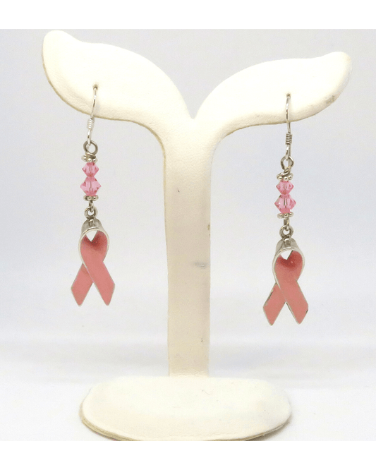 Ribbons Hand-enameled with Pink Crystal Sterling Silver Earrings